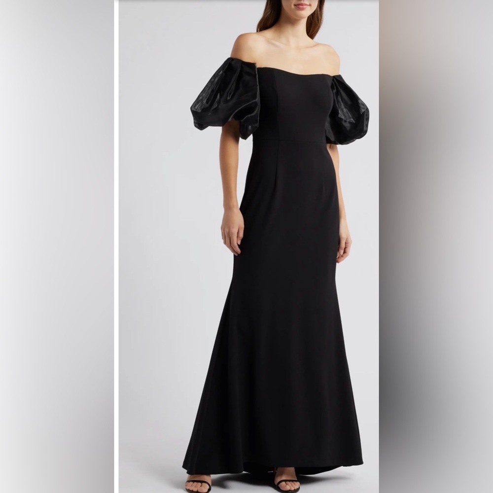 Eliza J Black Off-Shoulder puff sleeve trumpet Gown